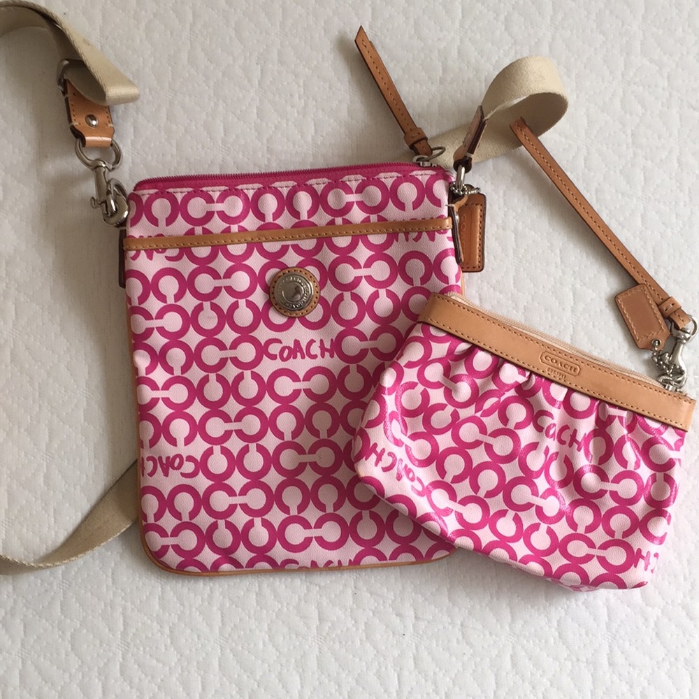 Adorable hot pink coach wristlet+across body bag